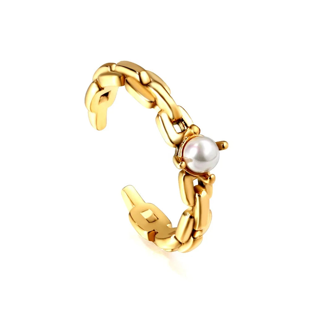 Minimalist Fashion Jewellery Custom Rings for Women Adjustable 18k Gold Plated Stainless Steel Jewellery Chain Ring with Pearls