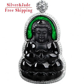 FS925 Silver Inlaid Natural Ink Jade Grade a Jadeite Ink Jade Guanyin Green Jade Pendant Fashion Simple Ladies