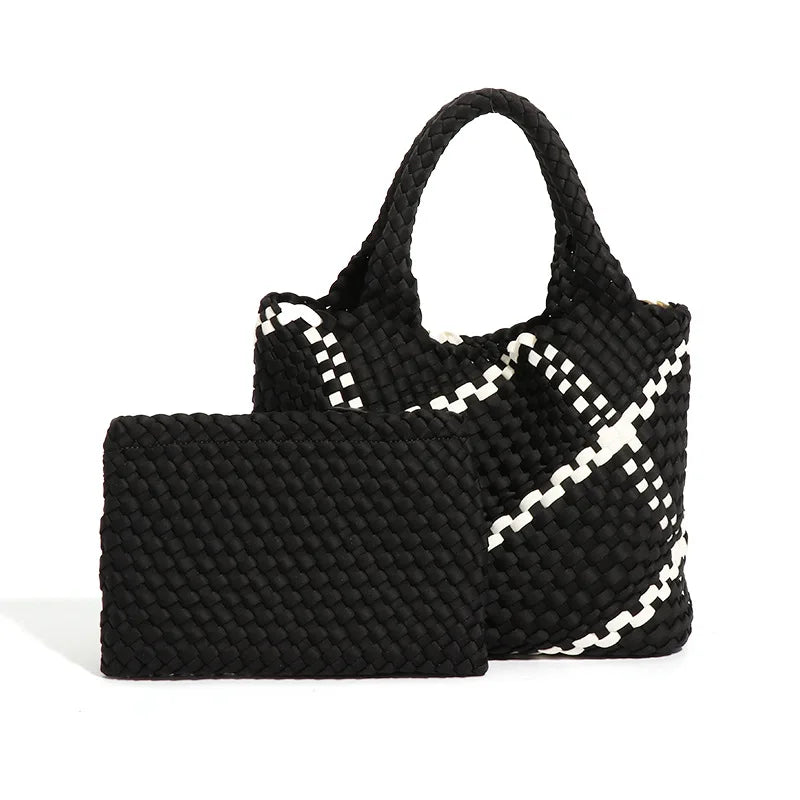 New Arrival Neoprene Fabric Woven Tote Bag Large Neoprene Beach Bag Purse Weave Handbag With Neoprene Small Pouch