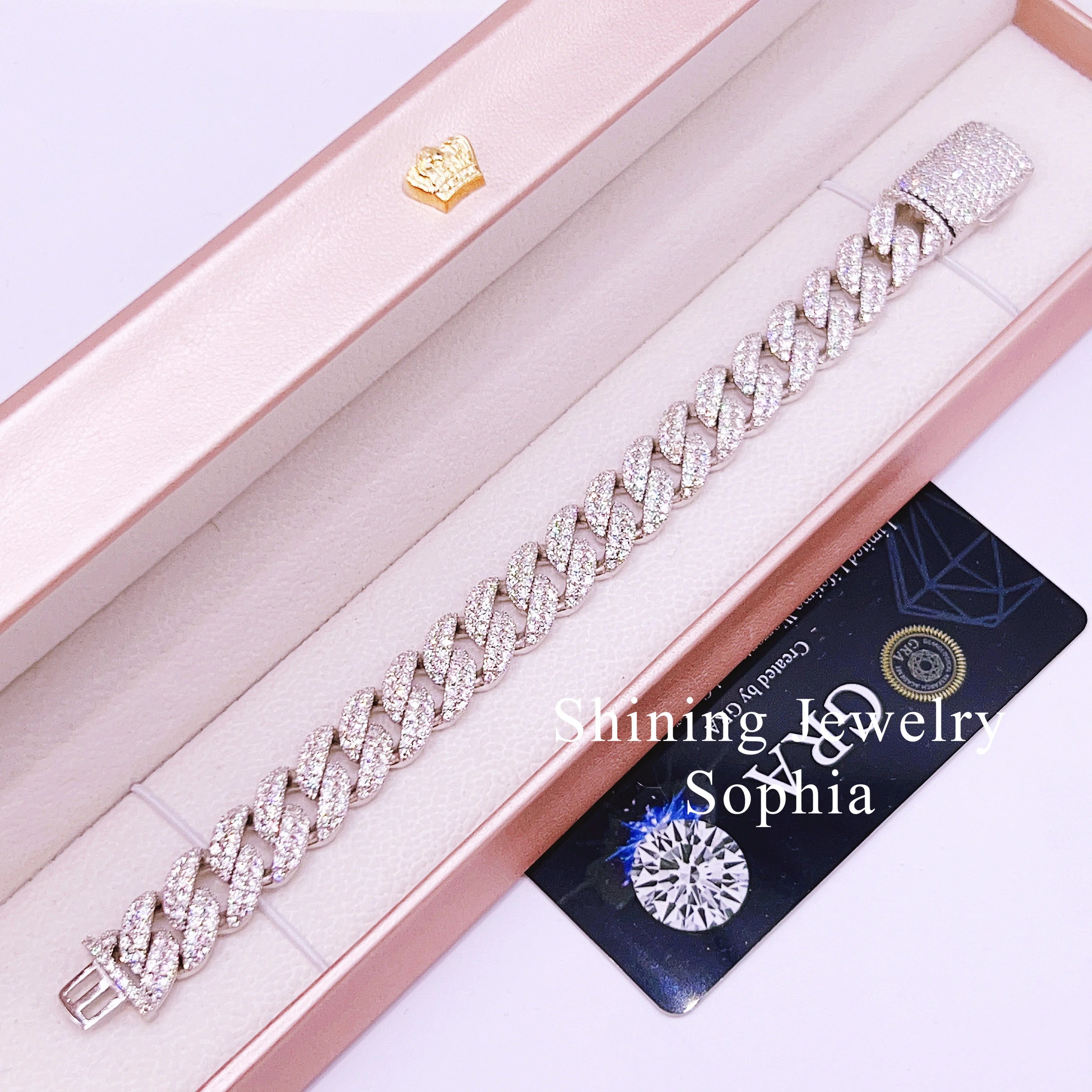 Fine Jewelry Bracelet 12MM 2Row Hip Hop Jewelry 925 Sterling Silver D-VVS1 Moissanite Diamond Cuban Link Bracelet