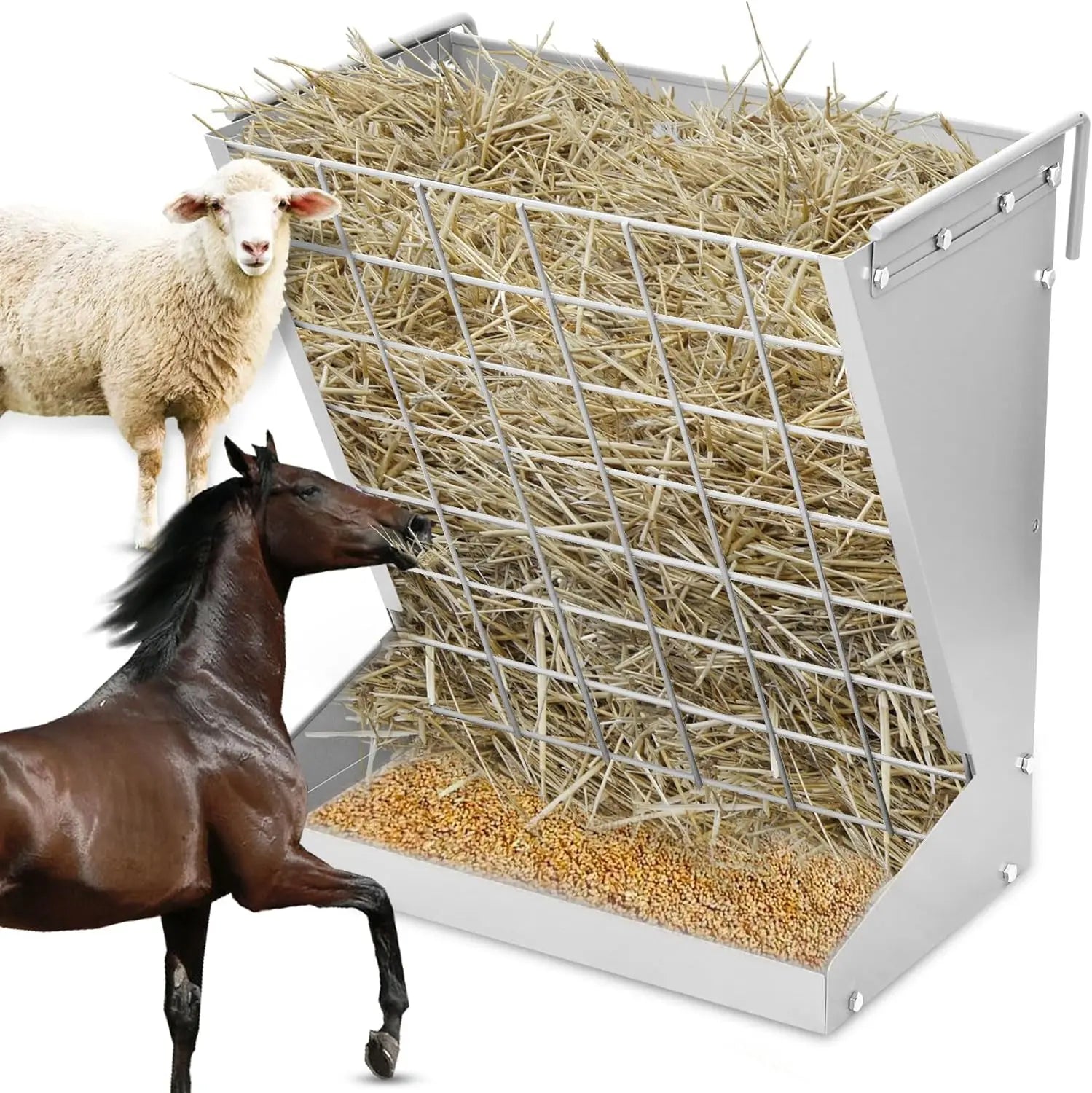 Wall Mount Hay Rack Heavy-Duty Galvanized Metal 2 in 1 Hay and Grain Feeder Livestock Feeder