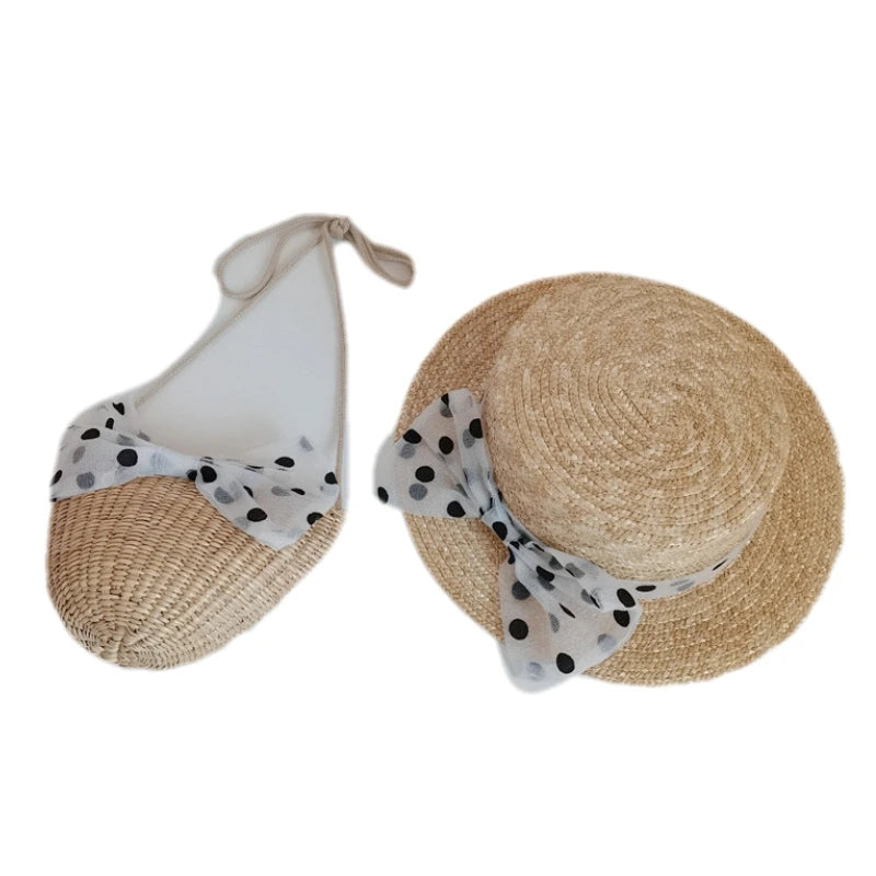 Girls Kids Straw Beach Hat and Bag Set Polka Dot Bowknot Tote Handbag Bag Suit Children Summer Wheat Straw Boater Hats and Bags