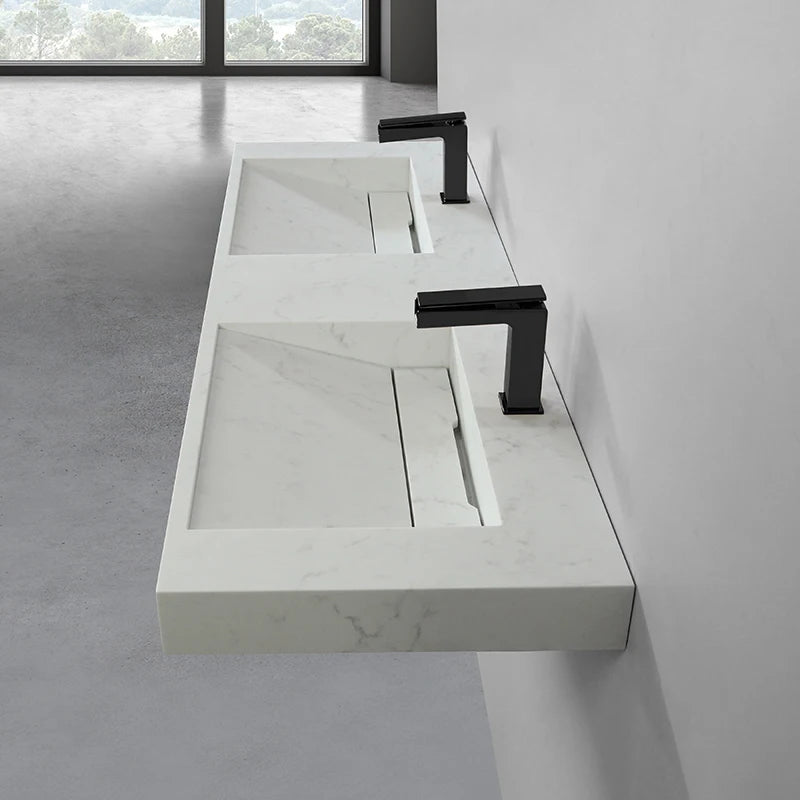 Newzealand Hotel Popular Artificial Stone Modern Wall Hung Sink with Drainer Luxury Double Basin for Hotel and Villa Use