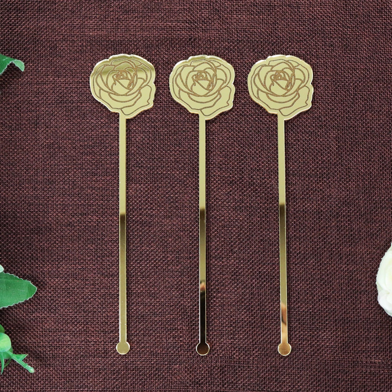 Custom Gold Mirror Acrylic Cocktail Drink Stirrers Stirring Rods with Engraving Rose Pattern Logo for Wedding Drink Decor
