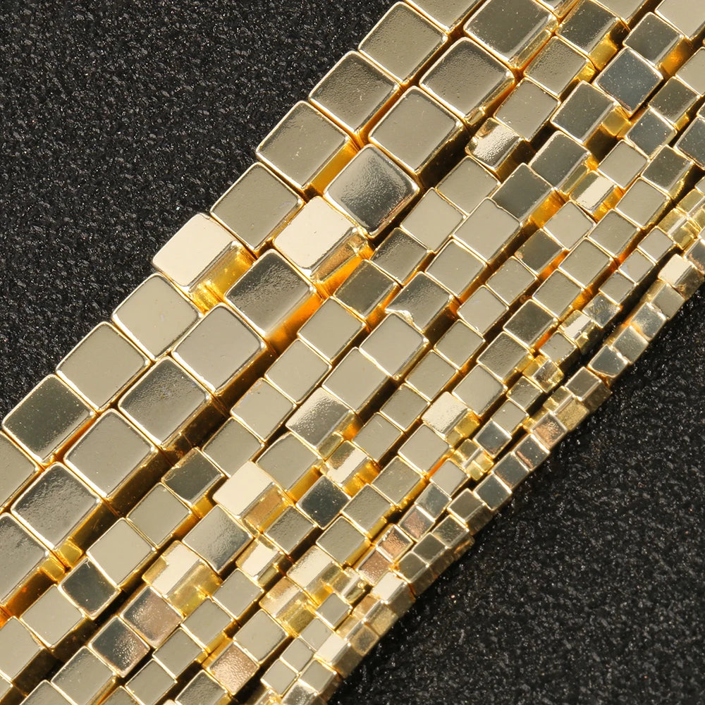 Natural Stone Beads Smooth 2/3/4/6mm Square Shape 9K Gold Hematite Cube Loose Beads for Jewelry Making DIY Necklace Bracelet