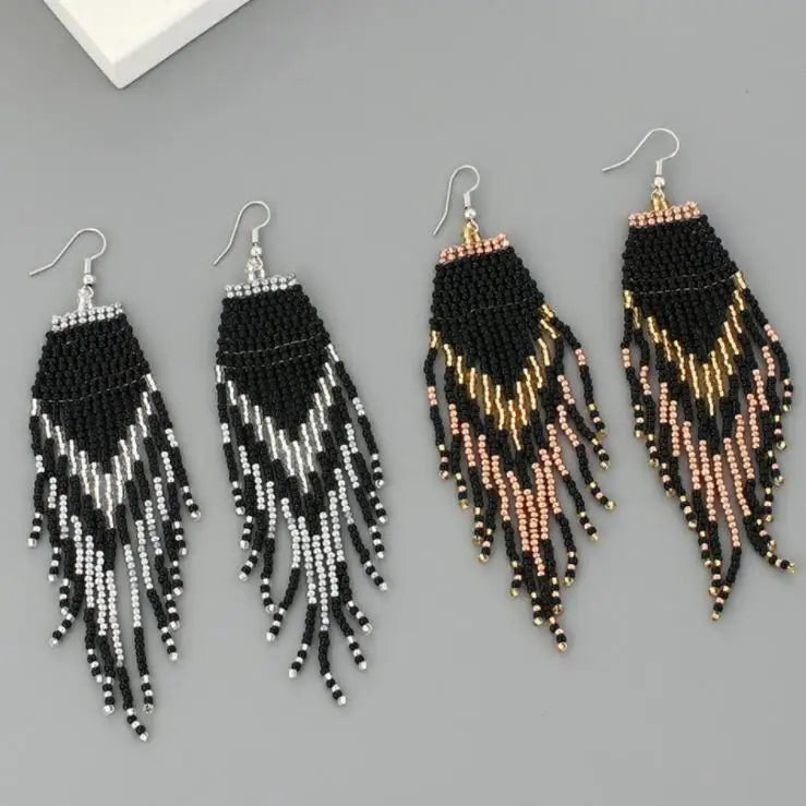 Kaimei 2025 Earring Fashion Jewelry New Bohemian Long Tassel Earrings Female Ethnic Handmade Seed Beads Fan Bohemia Earrings