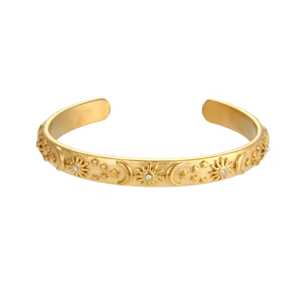 18K Gold Stainless Steel Fashion Jewelry Waterproof Star Moon Sun Celestial Cuff Open Bracelet Bangle Ring Earrings