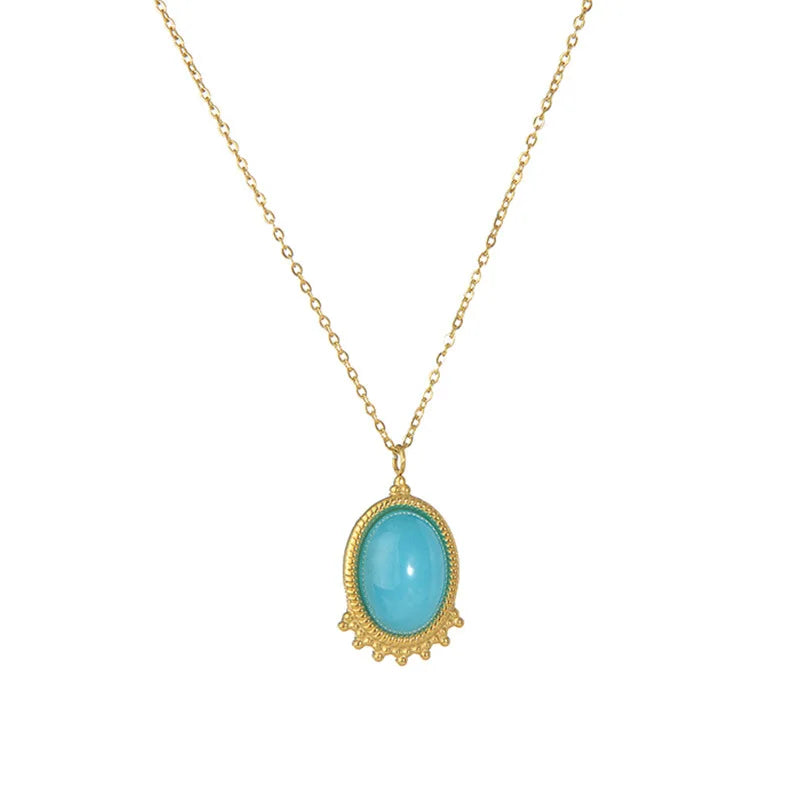 Women Titanium Steel Blue Turquoise Oval Pendant Necklace Jewelry With Stones
