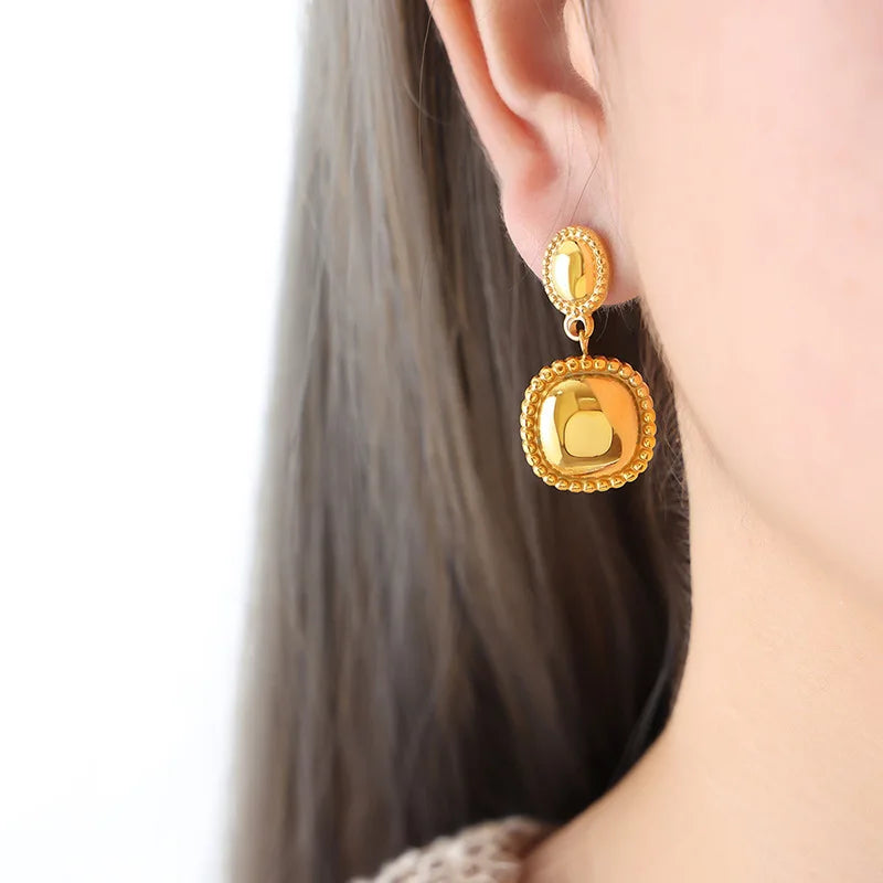 Vintage Gold Plated Bread Cube Earrings Waterproof Titanium Stainless Steel Double Layer Geometric Stud Earrings