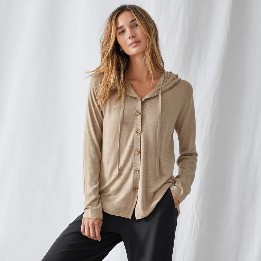 Women's Lightweight Hooded Knit Cardigan Cotton-Polyester Blend Button-Down Front Long Sleeve Casual Wear