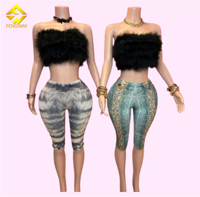 2025 Summer Female Sexy Faux Fur Tube Top  with Print Shorts Two Piece Shorts Sets for Women