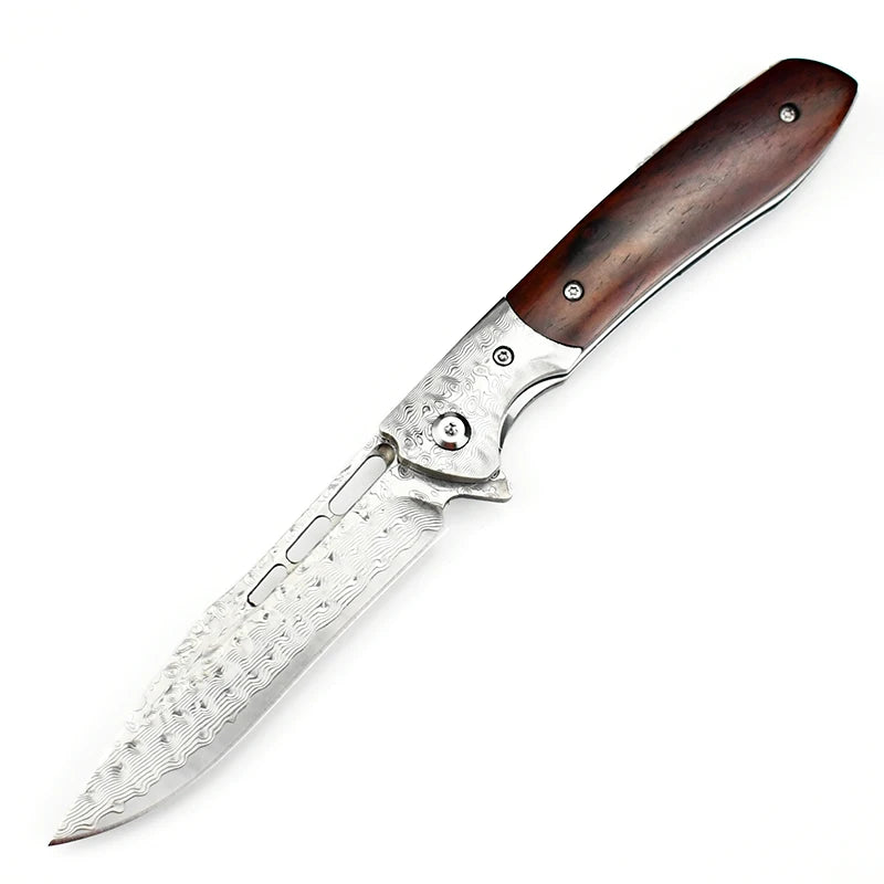 107-Layer Damascus Steel Folding Knife with Wood Handle Outdoor Tactical Hunting Fruit Knife for EDC Collection