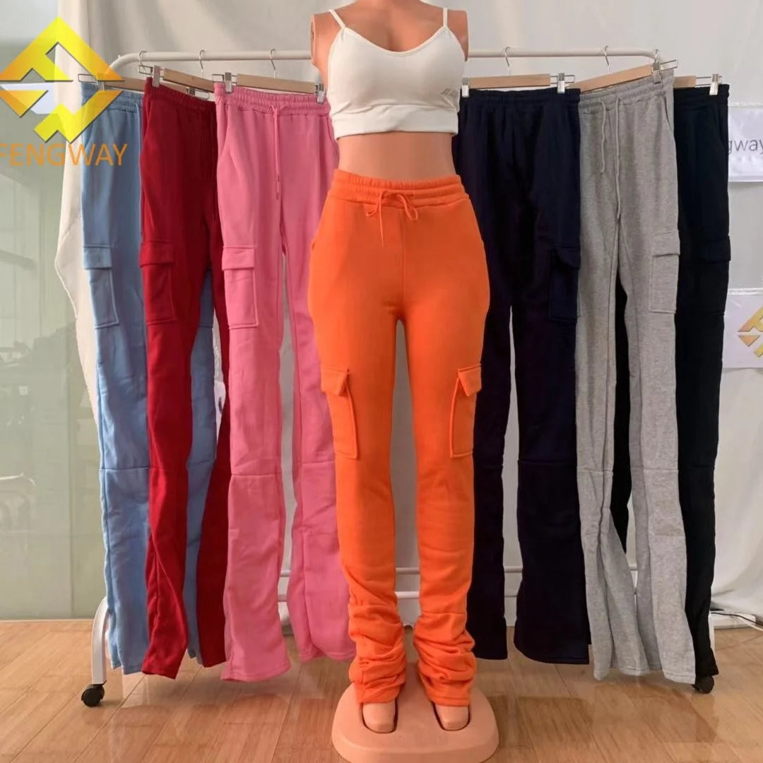 Fall Winter Fleece Cotton Stacked Sweat Pants Women Thick Stacked Joggers Pants With Side Pockets MegaBDM