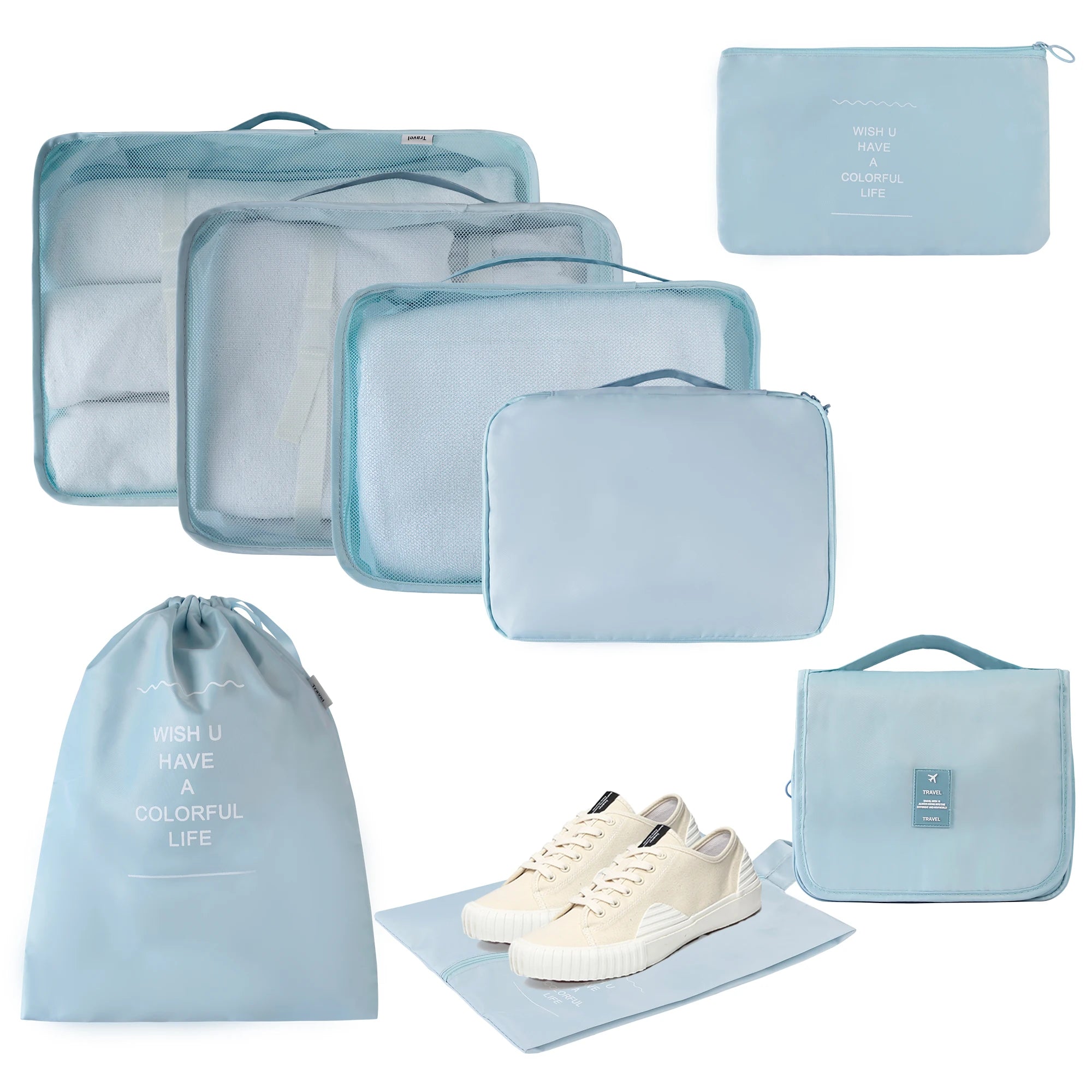 8Pcs Set Fashion Waterproof Reusable Foldable Eco Friendly Polyester Zipper Closure Luggage Organizer Packing Cubes Travel Bag