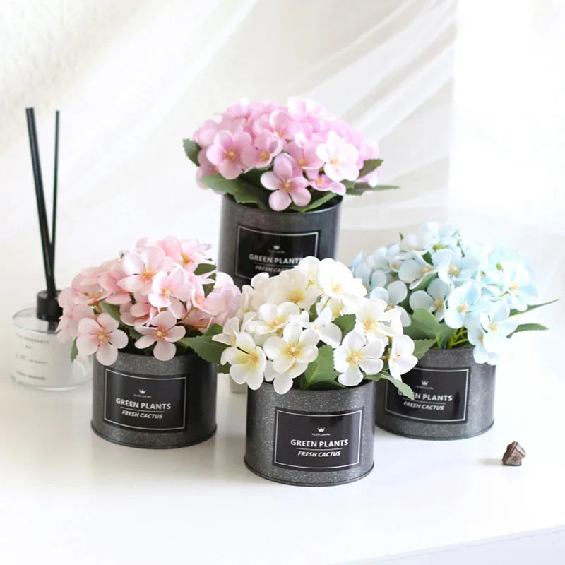 DREA Korean Style Fashion Modern Hydrangea Artificial Flowers in Metal Pot Artificial Flower Bonsai
