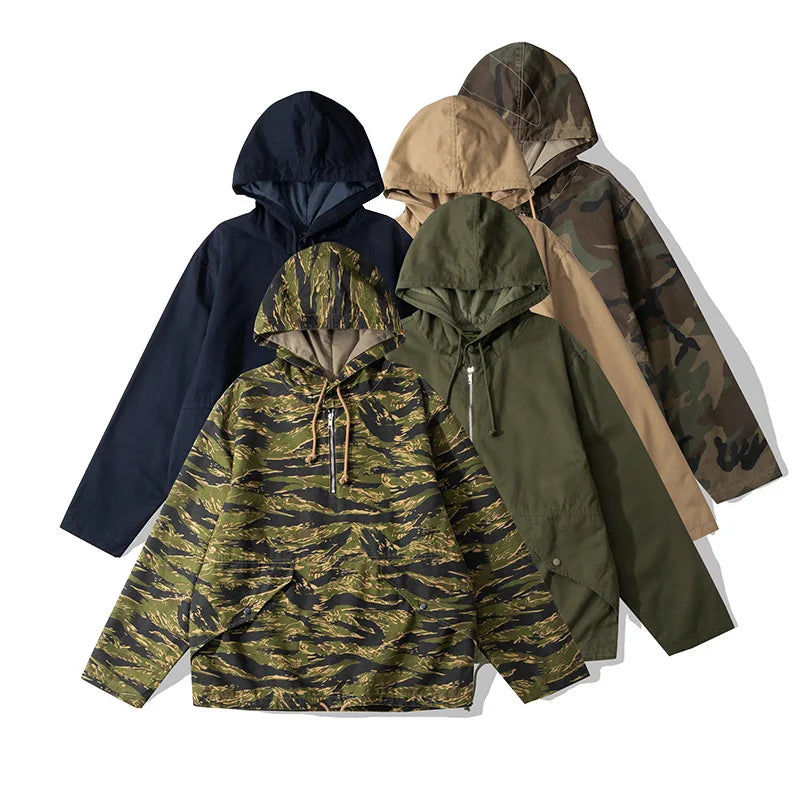 Men's Camouflage Pullover Jacket Coat Spring Fall Tunic Durable 100% Cotton Safari Jacket Zipper Windproof Outdoor Hooded Canvas