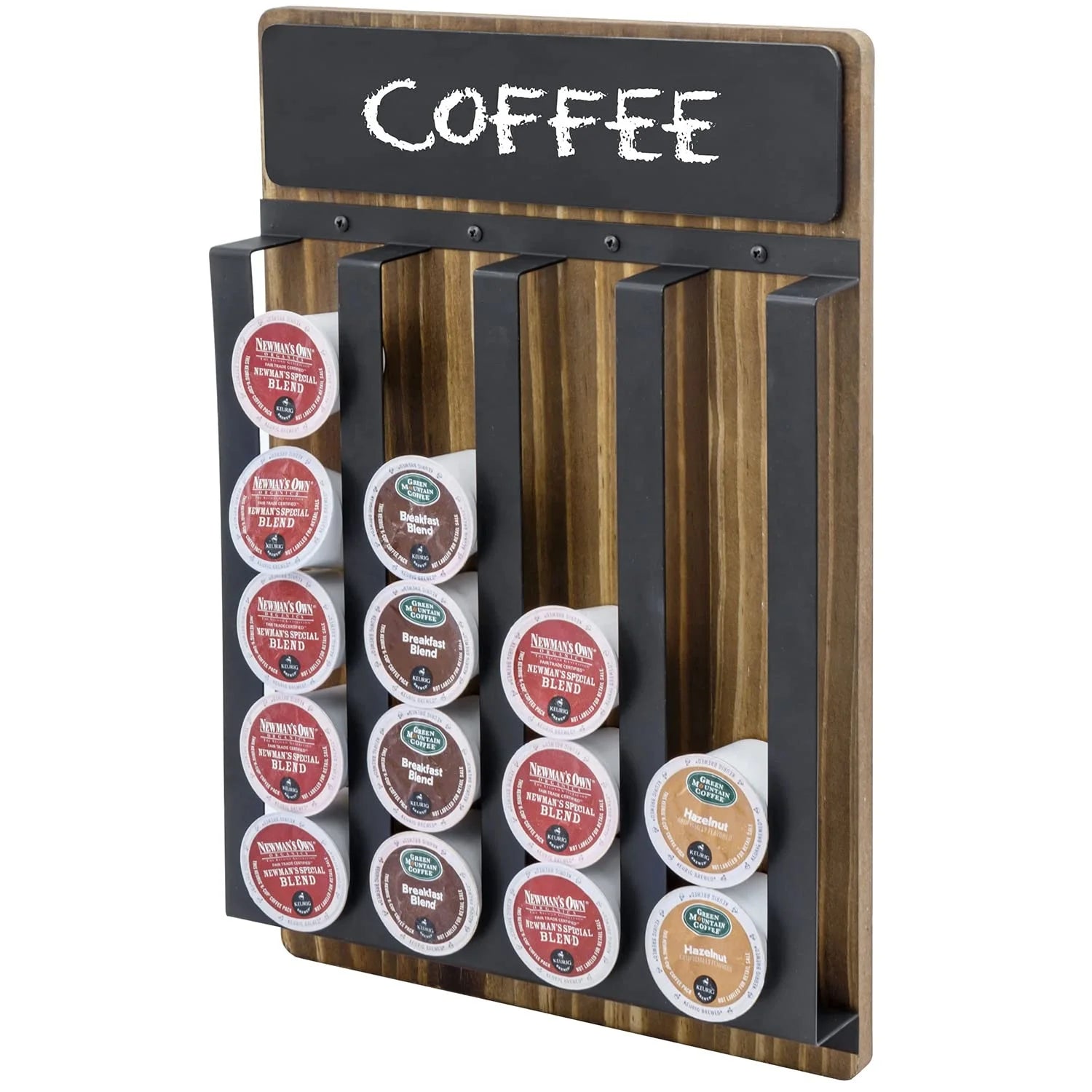 Wood Black Metal Coffee Capsule Organizer Wall Mounted Coffee Pod Dispenser with Chalkboard Label 20 Coffee Pods Capacity