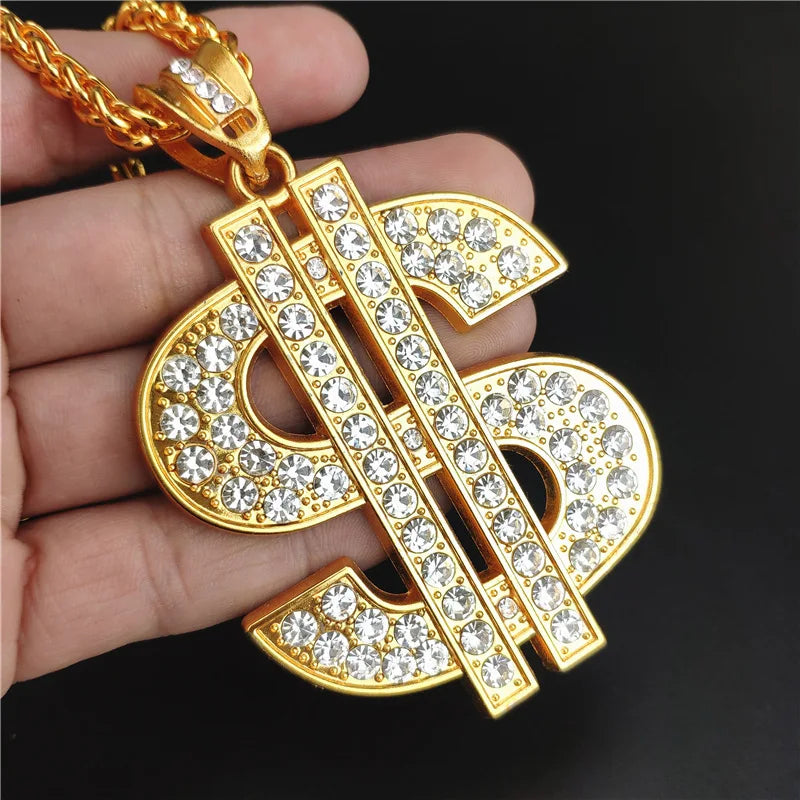 Punk Hip Hop Style Cool Girl Woman Golden Exaggerated Big Diamond US Dollar Sign Pendant Necklace Jewelry for Men