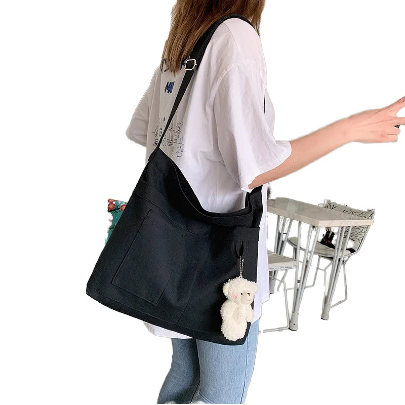 Women's Large Capacity Eco-Friendly Cotton Handle Bento Bag Simple Canvas Daily Use Work Shopping Bag Screen Pattern for Letters