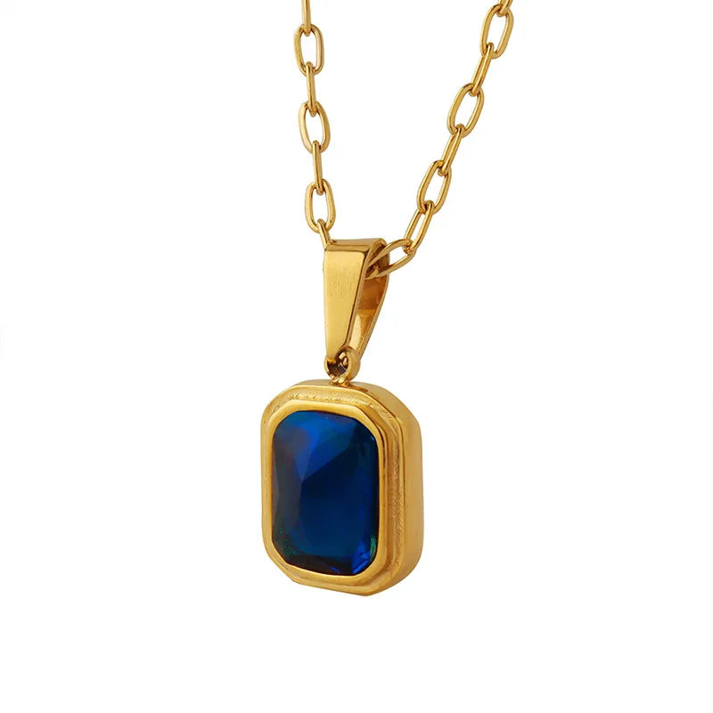 Luxury Stainless Steel Accessories Square Blue Cubic Zirconia Crystal Box Pendant Necklace Jewelry Set for Women