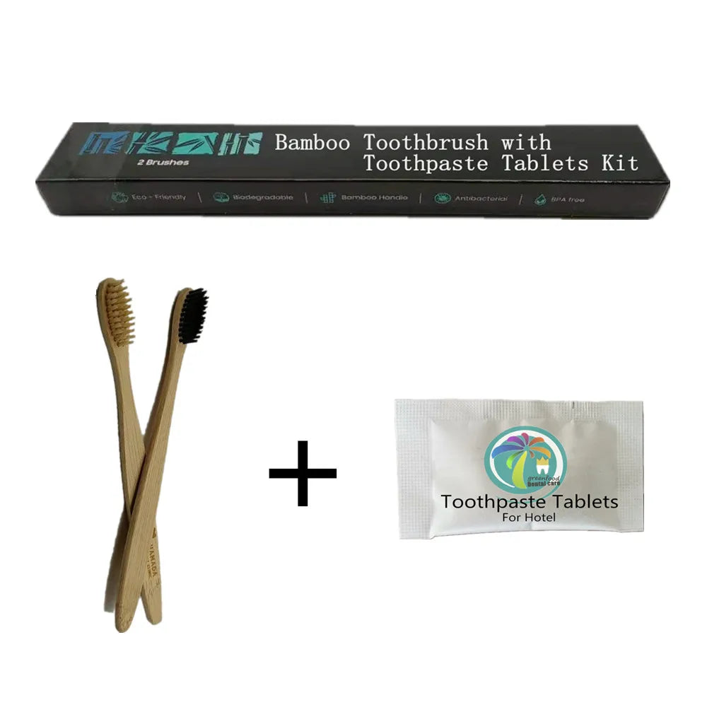 Hotel Supplies Box Packing Vegan Toothpaste Tablets With Bamboo Toothbrush Kit
