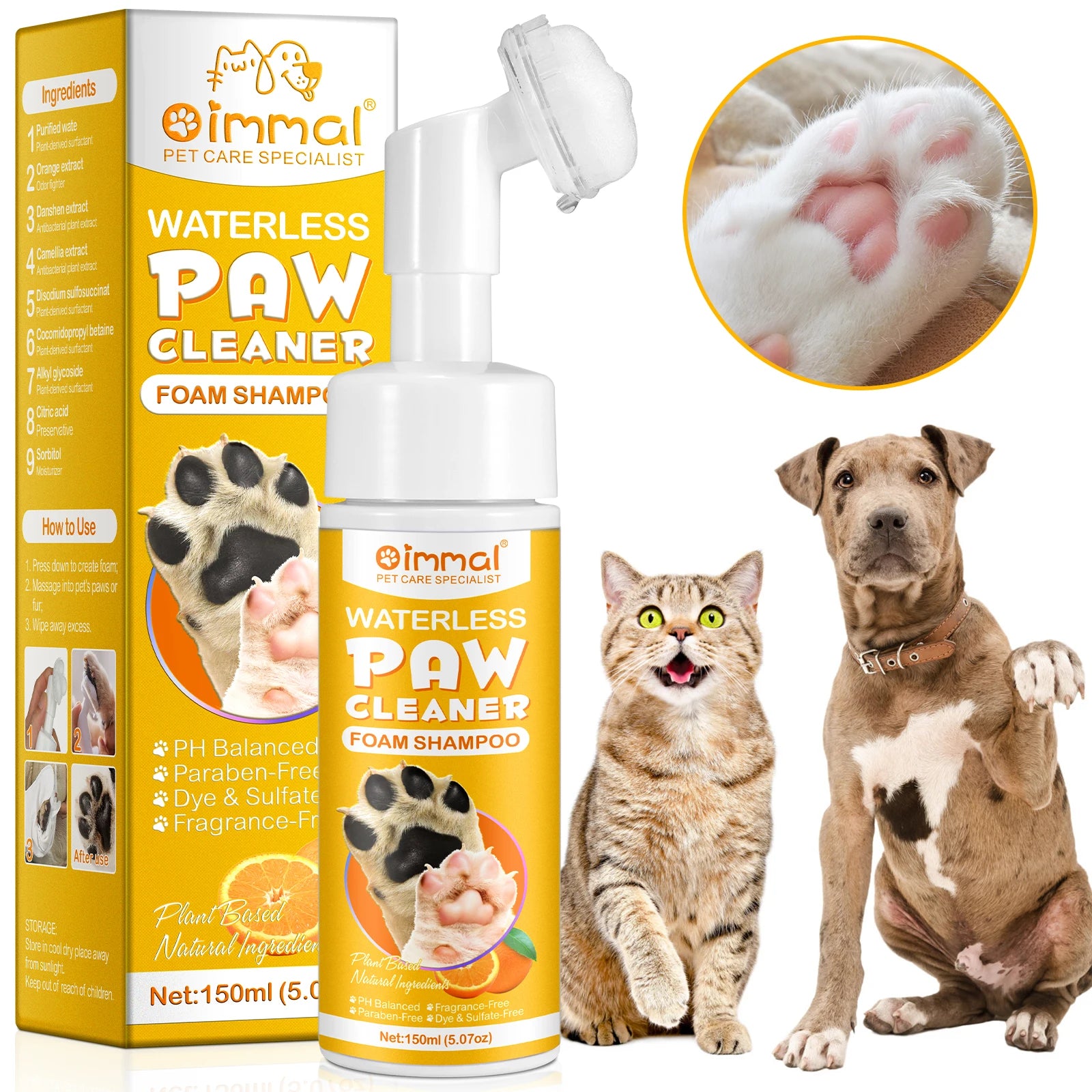 Private Label 150ml Waterless Pet Paw Cleanser Feet Cleaning Paw Cleaner Foam Shampoo with Silicone Brush for Dogs Cats