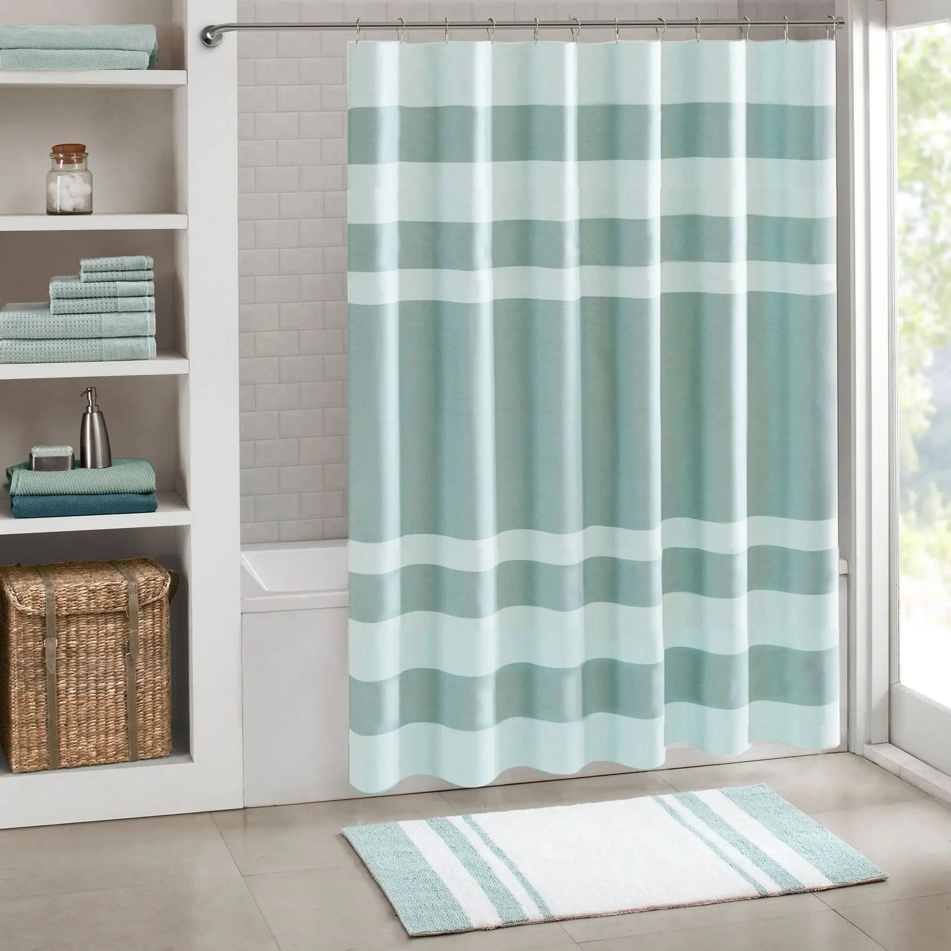 Shower Curtain With Hooks Rustproof Grommets Waterproof Gray Stripe Polyester Shower Curtains for Bathroom
