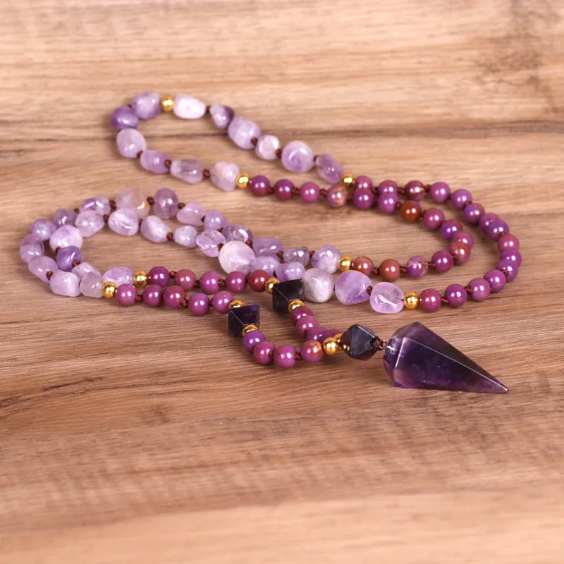 Handmade Vintage Natural Amethyst Stone Beaded Jewelry Fashion Gemstone Hexagonal Cone Pendulum Pendant Necklace Weddings Gifts