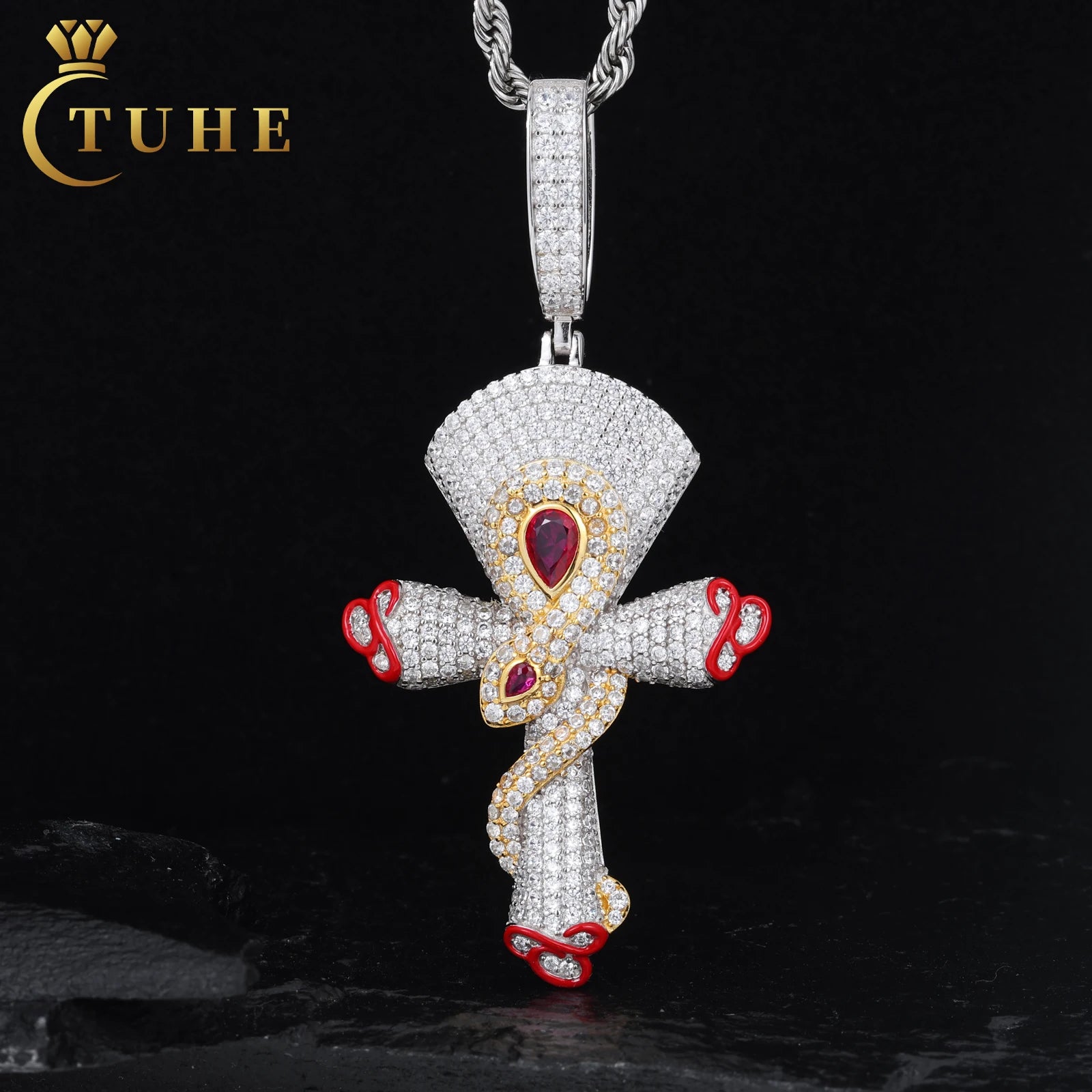New Style Hip Hop Jewelry 925 Sterling Silver Moissanite Diamond Tow Tone Spirit Snake Cross Pendant With GRA Certified