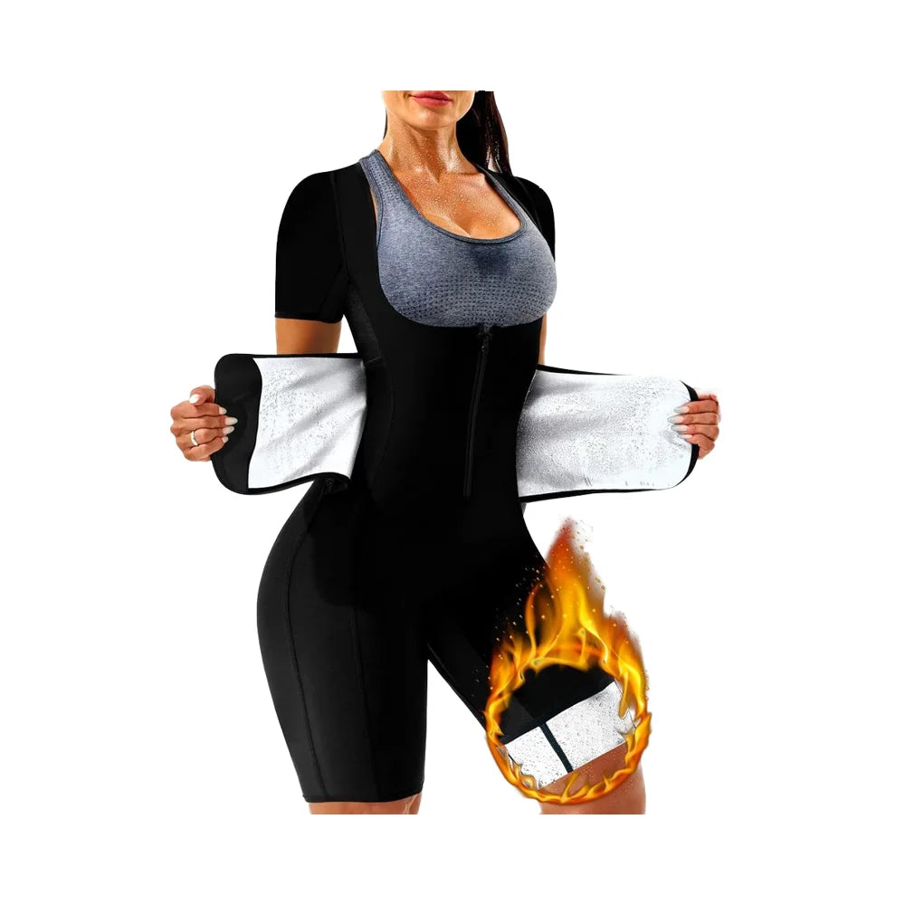 Women's 4-in-1 Sweat Suit Breathable Body Sauna Jumpsuit with Waist Trainer Vest for Home Workout & Weight Loss Bathing