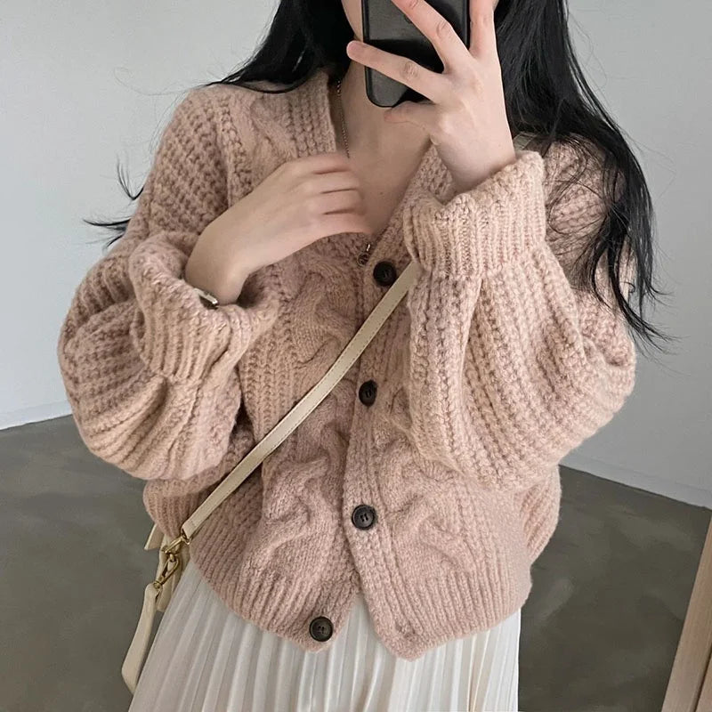Twisted Knitted Cardigan Women Lazy Style Loose Single Breasted Sweater Coat Ladies Winter Simple Casual V Neck Cardigans