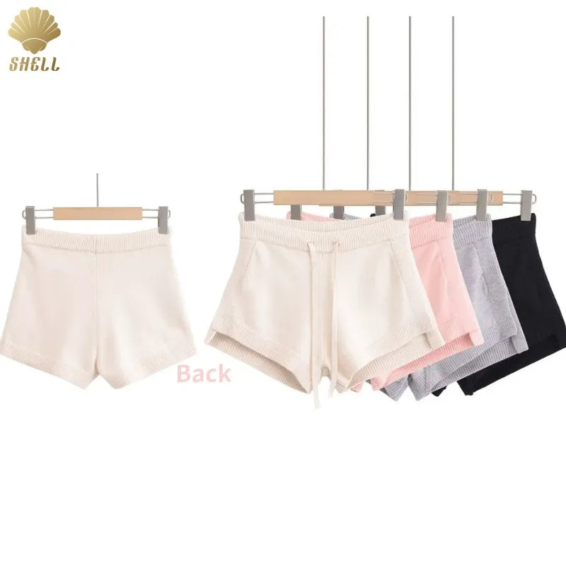 LULUXIXIYAYA Irregular Elastic Waist Lace-Up Side Slit Knitted Solid Color Casual Fashion Shorts for Women