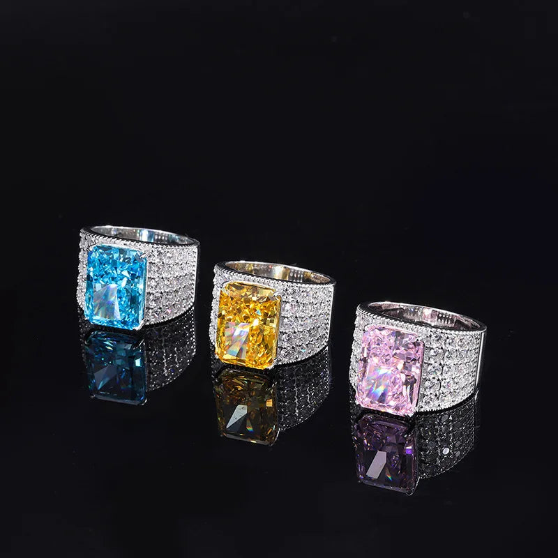 Full Diamond Jewelry Hip Hop Iced Out Radiant Cut Zirconia Ring 925 Sterling Silver Rings Man Women