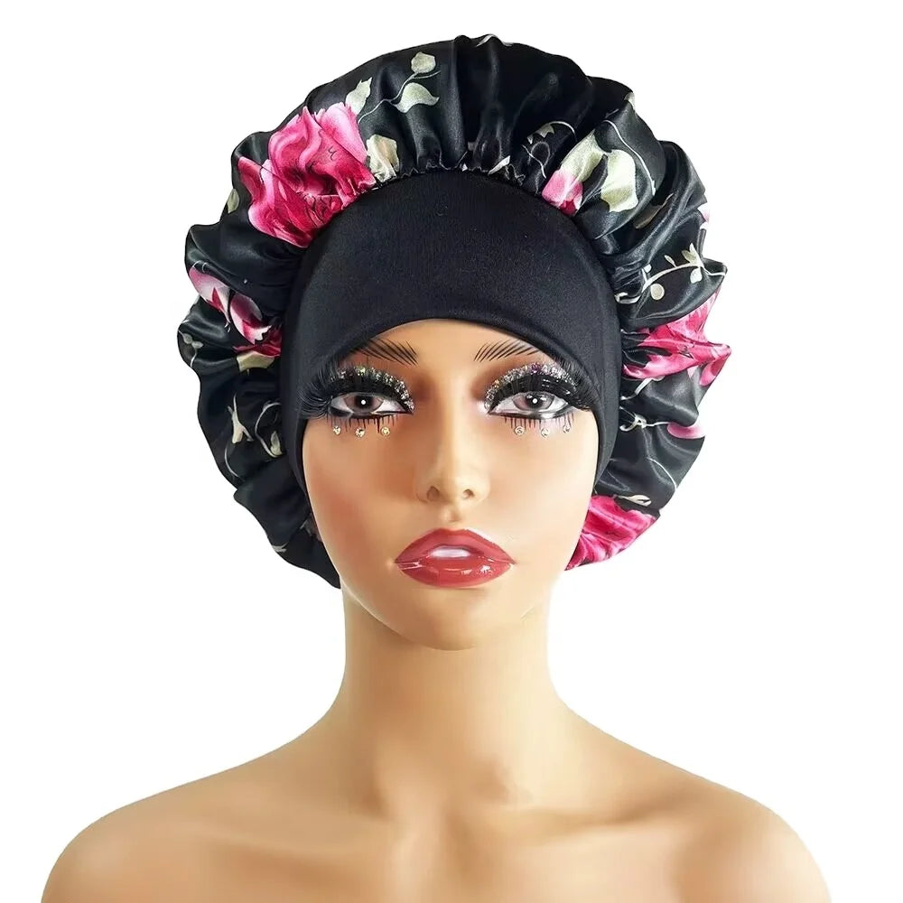 Satin Bonnets for Women Girls Fashion Printed Sleep Braids Bonnet Extra Large Band Hair Bonnets With Tie Band
