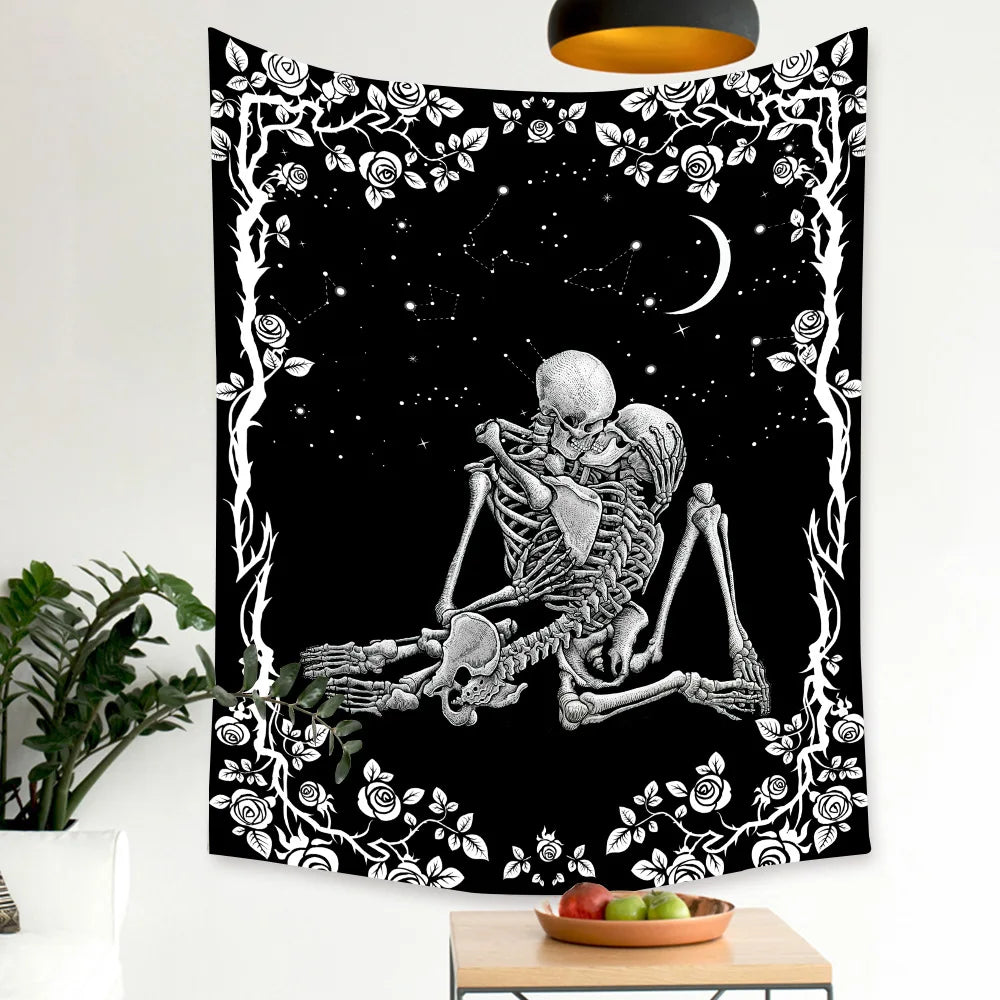 Modern Style Punk Couple Skull and Rose Tapestry Woven Mandala Blanket for Home Decor with Fluorescent Printed Design