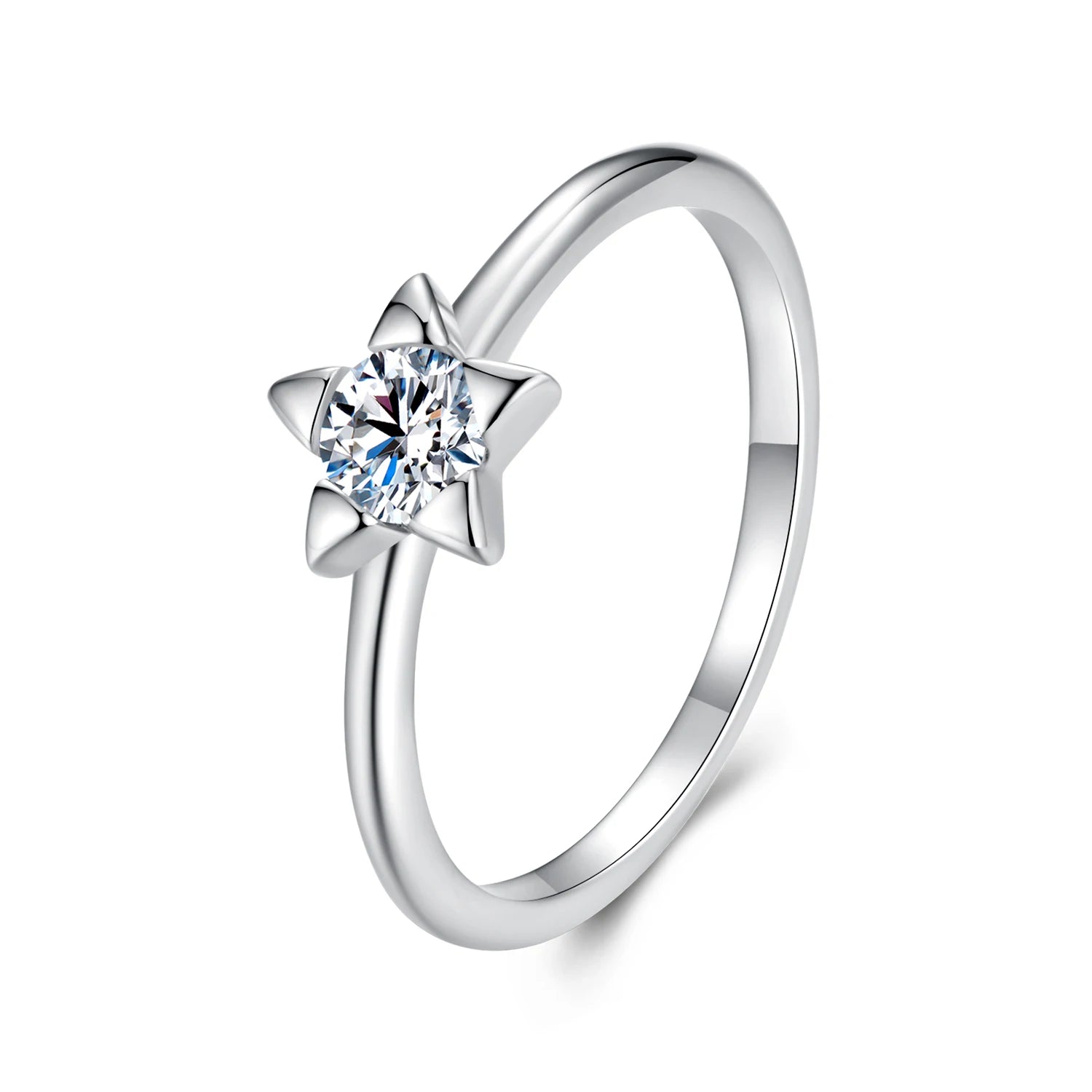 925 Sterling Silver Cubic 4mm Moissanite Crystal Five-Point Star Ring Fashion Jewelry Gifts for Women Girls Rhodium Wedding Ring