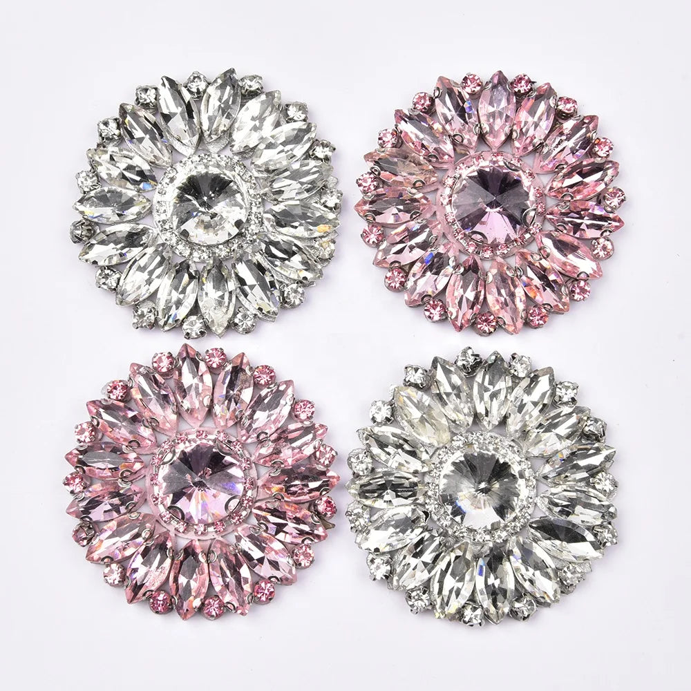5cm Pink Crystal Round Applique Sew on Flower Rhinestone Patches Trim for Garment Decoration
