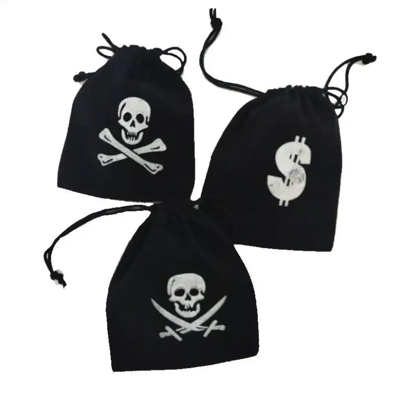 Pirate Drawstring Bags Small Velvet Pouch for Jewels Coins Pirate Goodies Sack for Captain Theme Party Favors Black