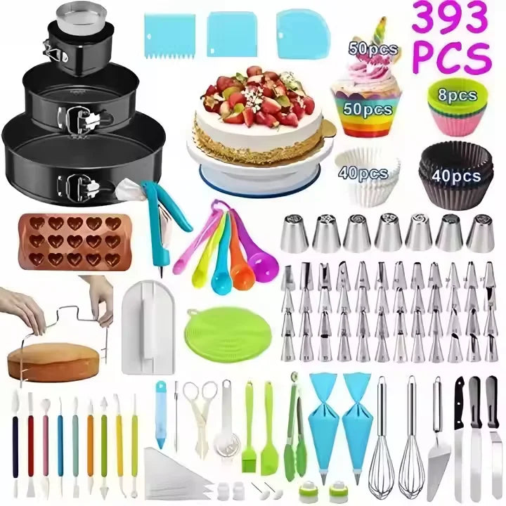 Custom 393 Pieces Cake Decorating Supplies Kit Icing Piping Tips Nozzle Smoother Bags for Baking & Pastry Art