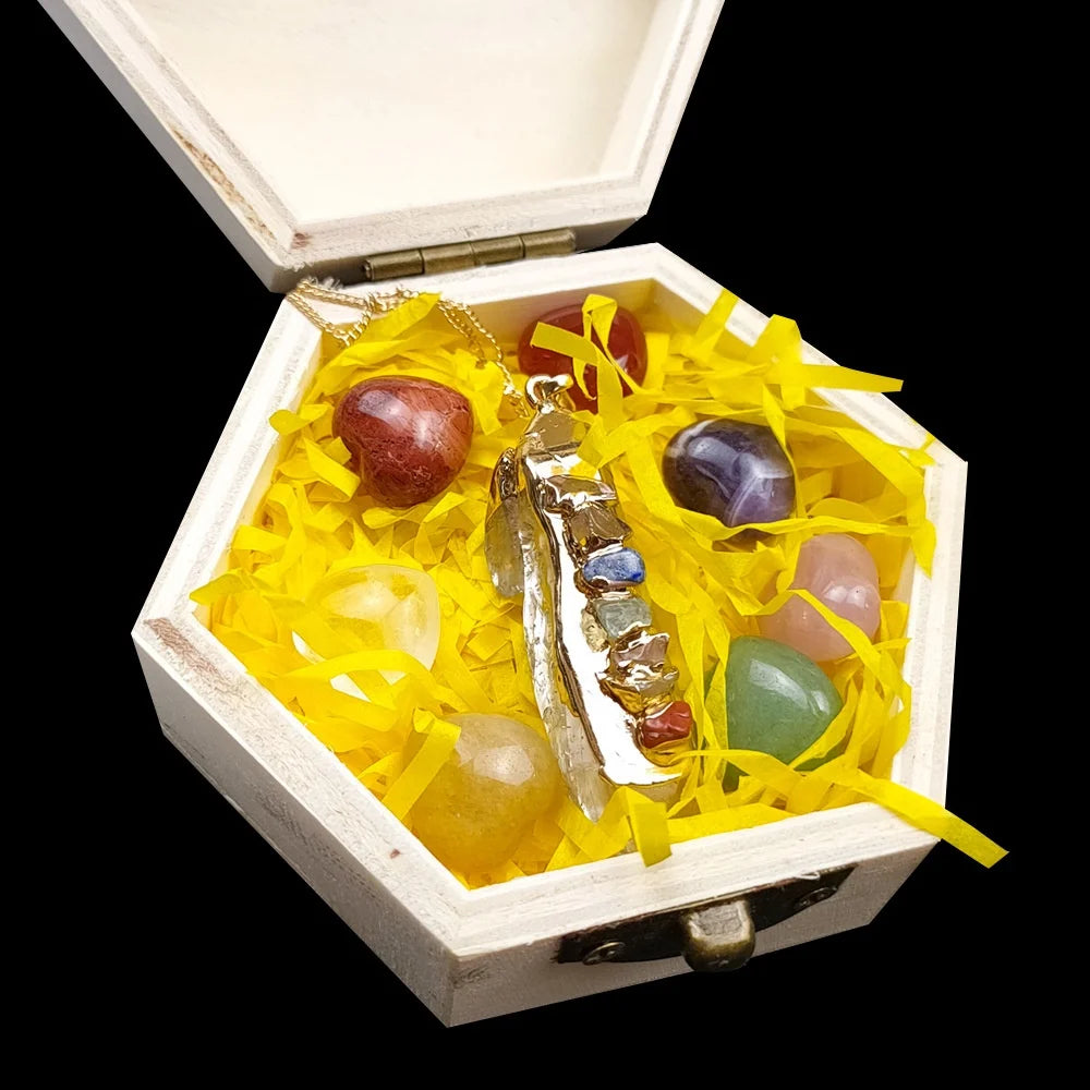 Hongzhuo DIY Natural crystal heart gypsum seven chakra wooden box set ornaments irregular polishing colorful specimen manufacturers wholesale