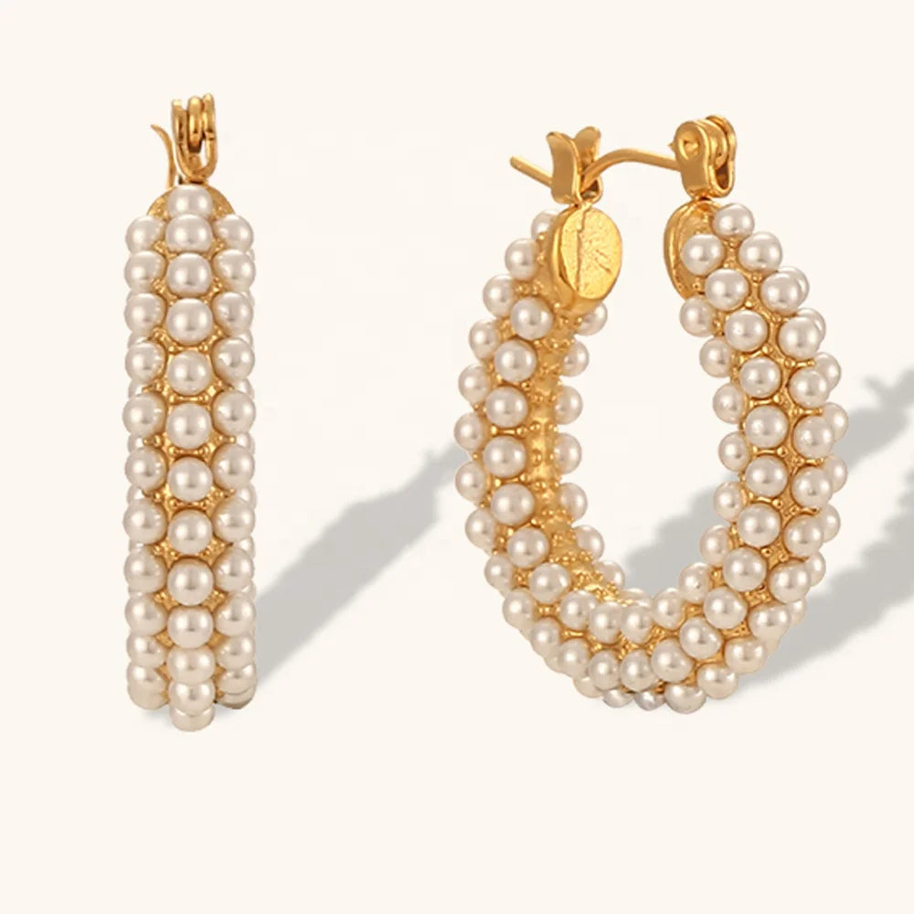 Dingran Top Quality Fresh Water Pearl Hoop Earring PVD Gold Plated Stainless Steel Earrings Jewelry for Women