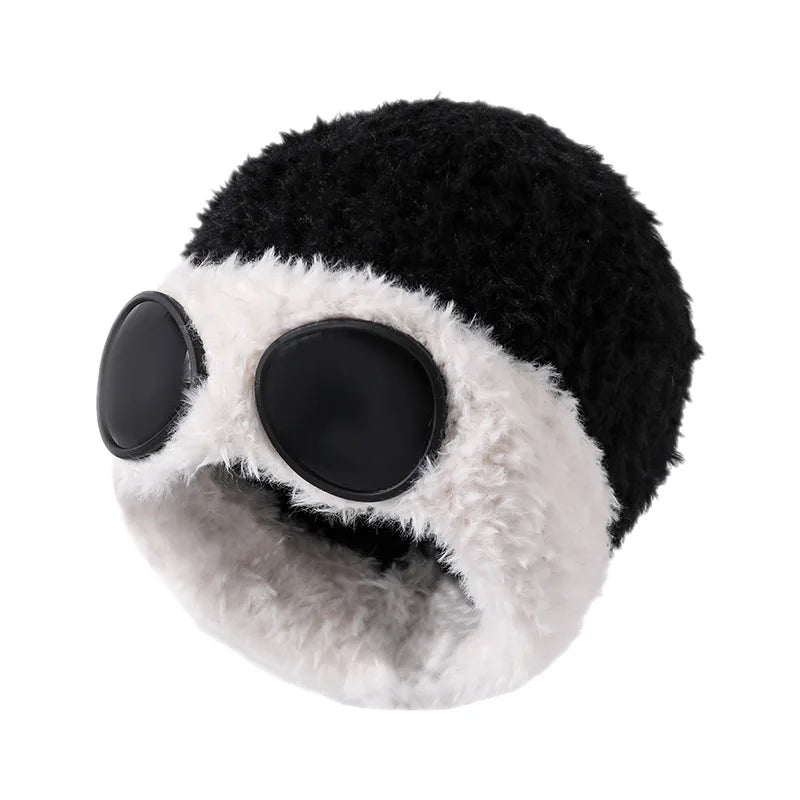 Furry Knitted Goggles Beanie Warm Winter Stylish Hat Outdoor Sports Hat with Glasses