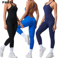 PASUXI New Women's Sports Bodysuit Jumpsuit One Piece Romper Workout Yoga Playsports Open Back Halter Strap Crew Neck