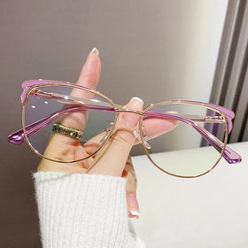H7144 Women Metal Cat Eye Optical Frame Anti Blue Light Eyewear Photogrey Anti Reflection Glasses