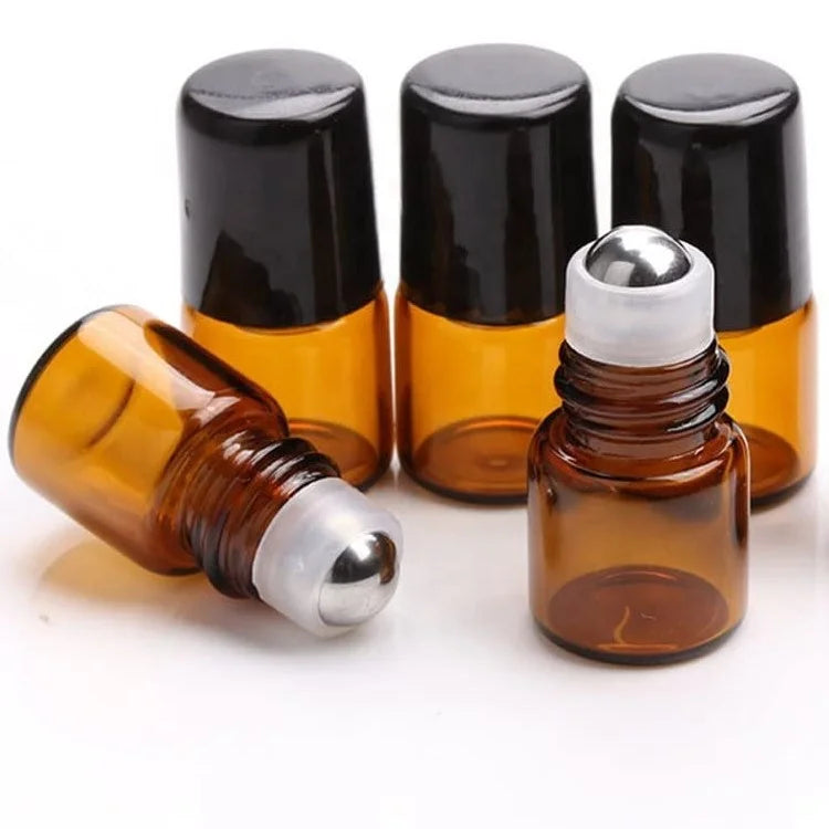 Mini Clear Amber Color 1ml Roll on Glass Bottle Essential Oil Sample Bottle With Stopper and Black Cap