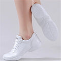 Modern Children's Soft White Leather Jazz Dance Sneakers with Black Line PU Insole Competitive Gymnastics Cheerleading Shoes