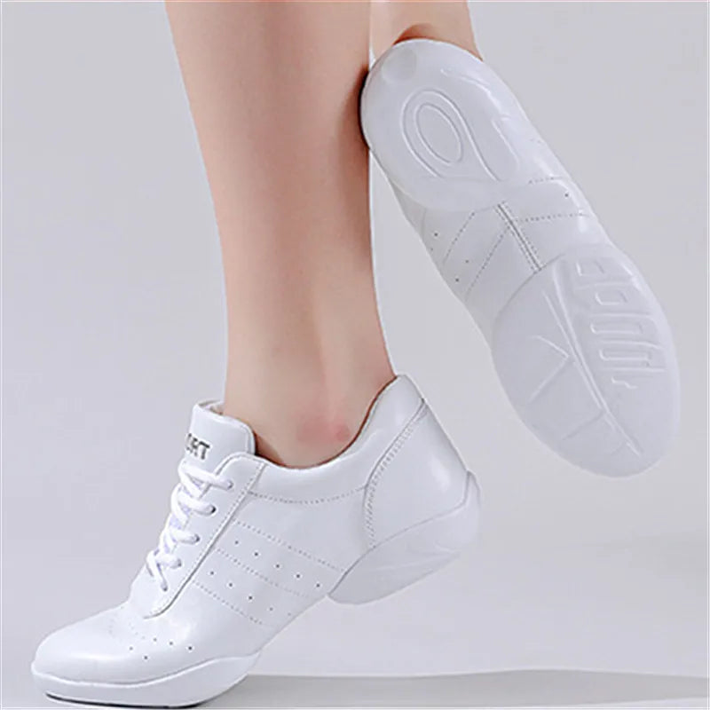 Modern Children's Soft White Leather Jazz Dance Sneakers with Black Line PU Insole Competitive Gymnastics Cheerleading Shoes