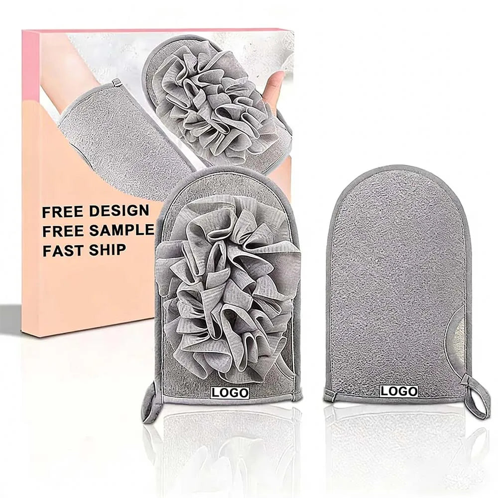 Custom Logo Exfoliating Gloves Body Scrubber Bath Gloves with Bath Puff Two Side Bath Gloves for Daily Exfoliating Bath Gloves