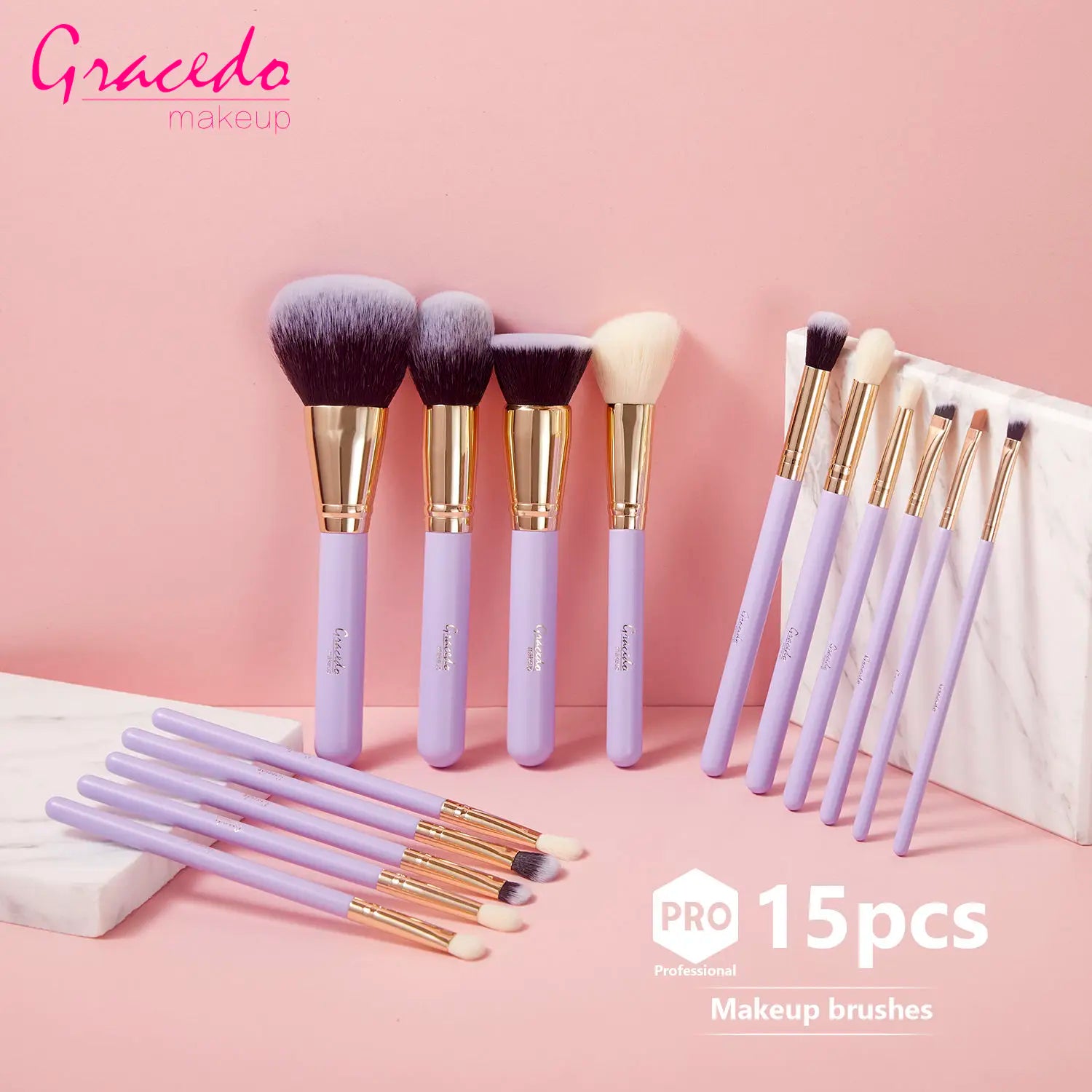 Gracedo Luxury Purple Makeup Brush Set 15 Pieces Custom Natural Hair Brushes