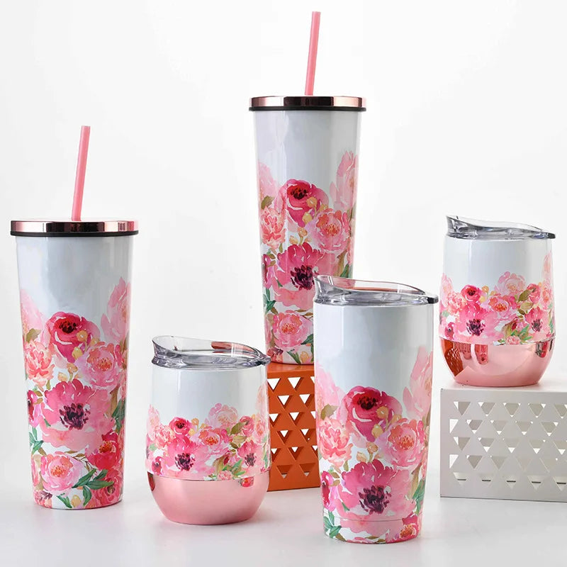 Hot Sale Vacuum Tumblers Mother's Day Vacuum Mugs Floral Design Insulated Coffee Mug Cups Set for Girls and Women